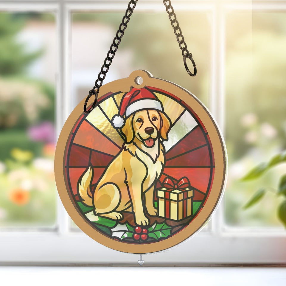 Christmas Dog Santa Hat Circle Window Hanging Suncatcher with heart crystal