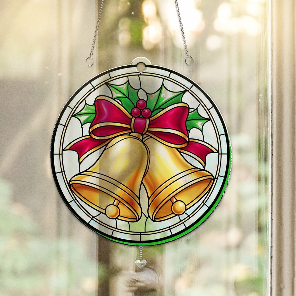 Silver Bells Holly Circle Acrylic Suncatcher with heart crystal