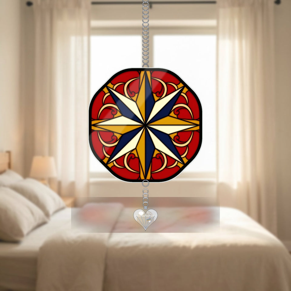 Barn Quilt Star Block Acrylic Suncatcher with heart crystal