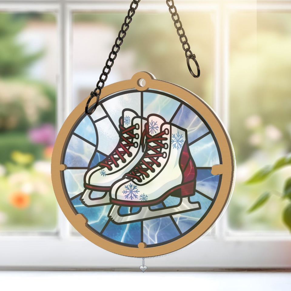 Ice Skates Snowflake Circle Window Hanging Suncatcher with heart crystal