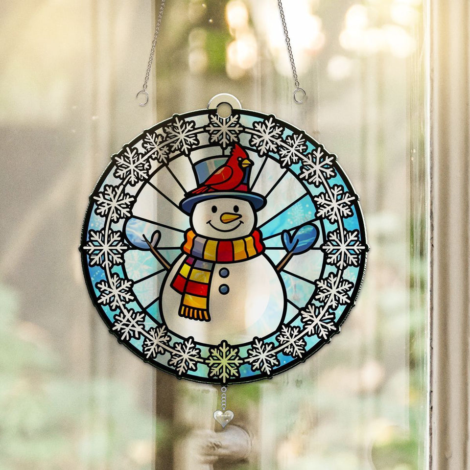 Snowman Cardinal Circle Acrylic Suncatcher with heart crystal