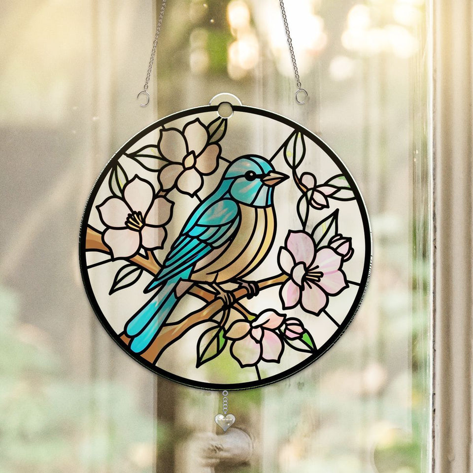 Bluebird Blossom Circle Acrylic Suncatcher with heart crystal