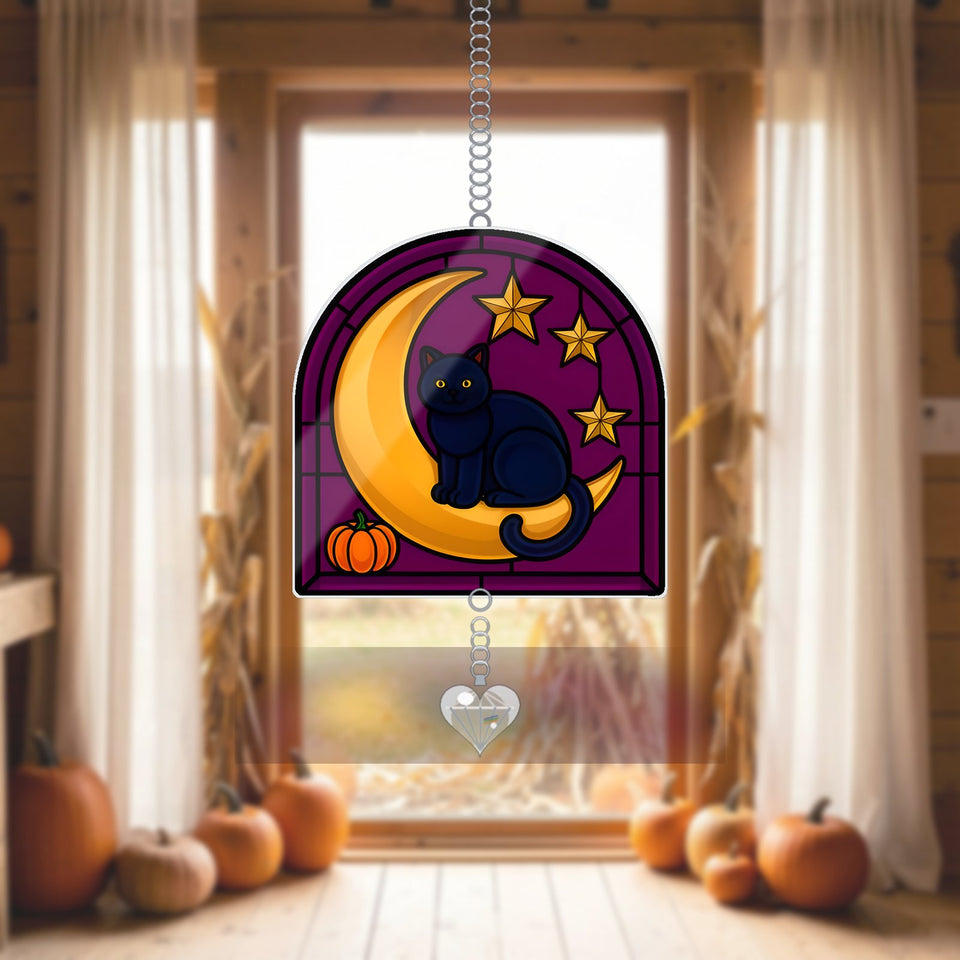Black Cat Crescent Moon Acrylic Suncatcher with heart crystal