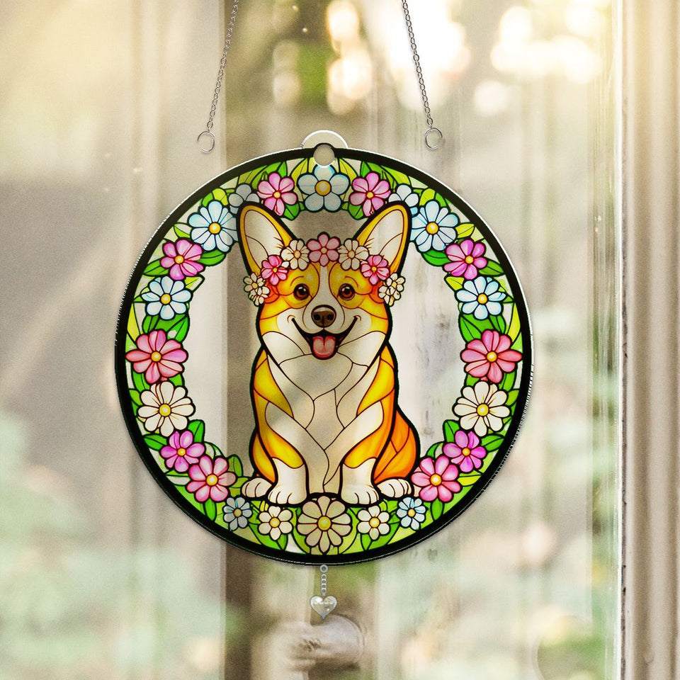 Corgi Wildflower Circle Acrylic Suncatcher with heart crystal