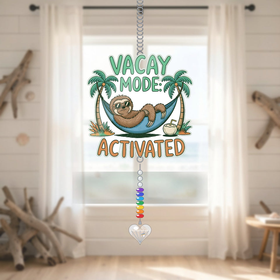 Vacay Mode Sloth Acrylic Suncatcher with heart crystal + rainbow chain