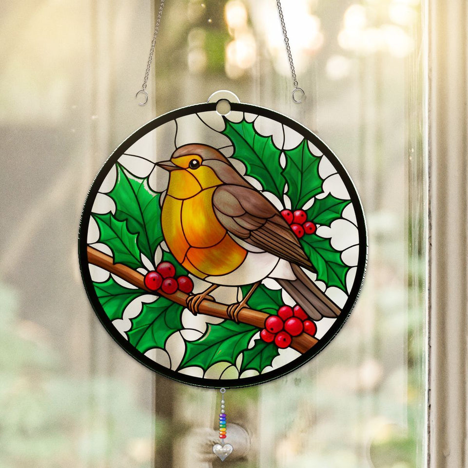 Winter Robin Berry Branch Acrylic Suncatcher with heart crystal + rainbow chain
