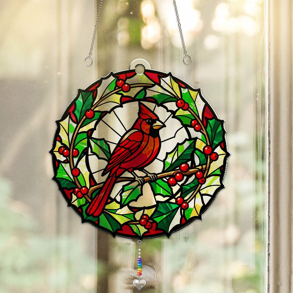 Cardinal Holly Wreath Circle Acrylic Suncatcher with heart crystal + rainbow chain