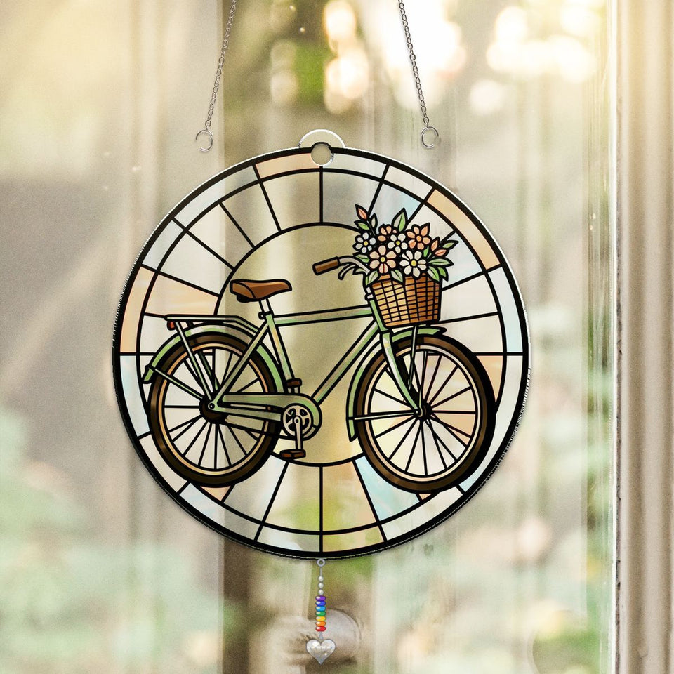Flower Basket Bicycle Circle Acrylic Suncatcher with heart crystal + rainbow chain