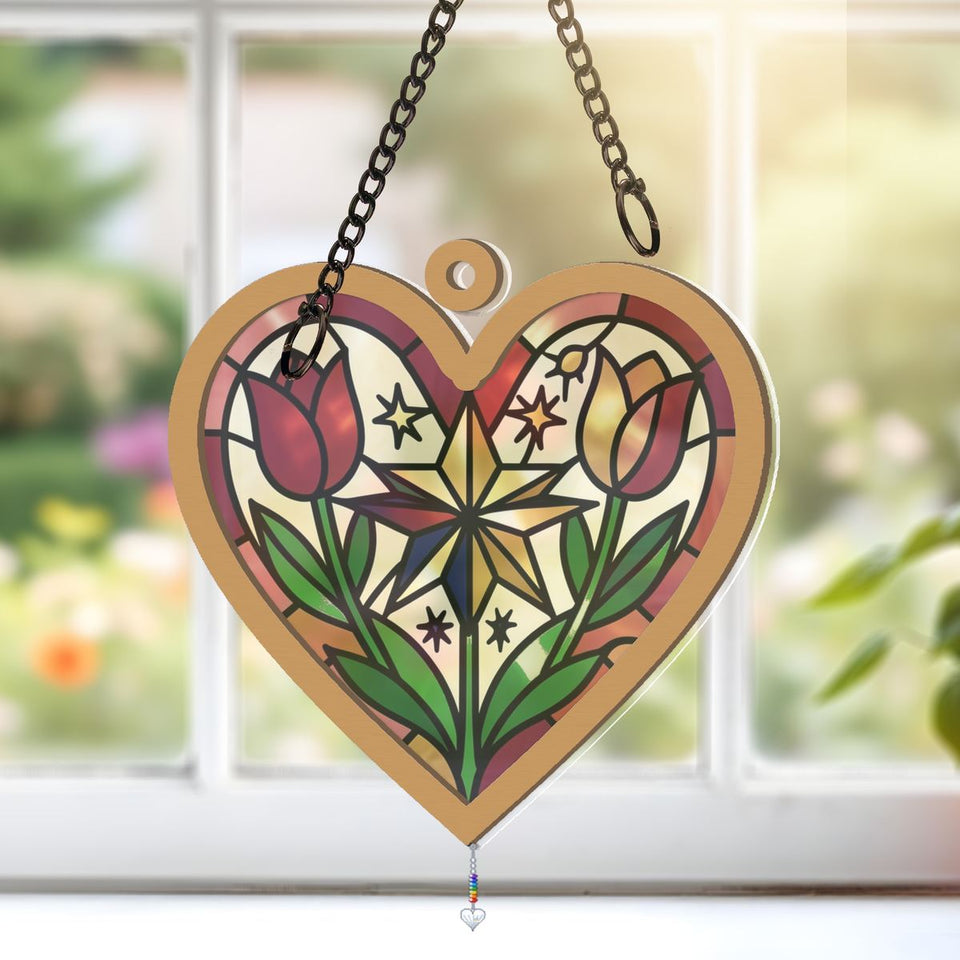 Nordic Folk Heart Wreath Window Hanging Suncatcher with heart crystal + rainbow chain