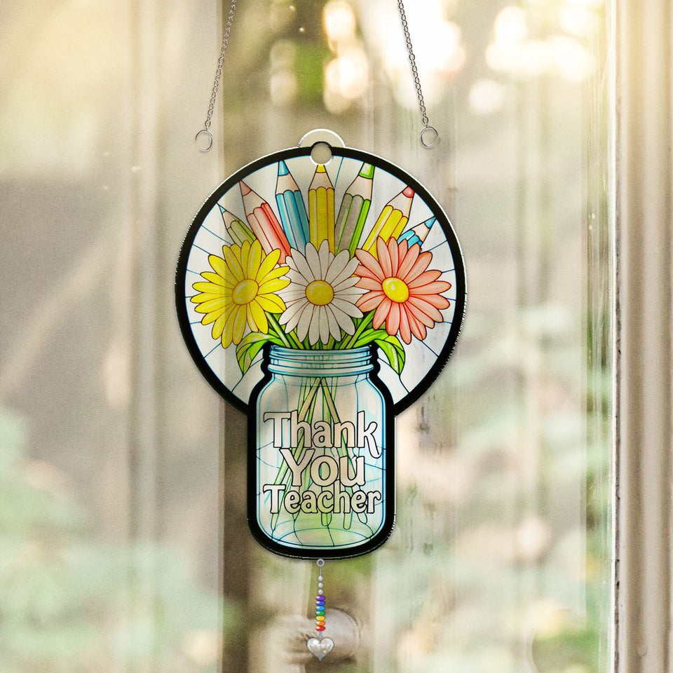 Teacher Flower Jar Circle Acrylic Suncatcher with heart crystal + rainbow chain