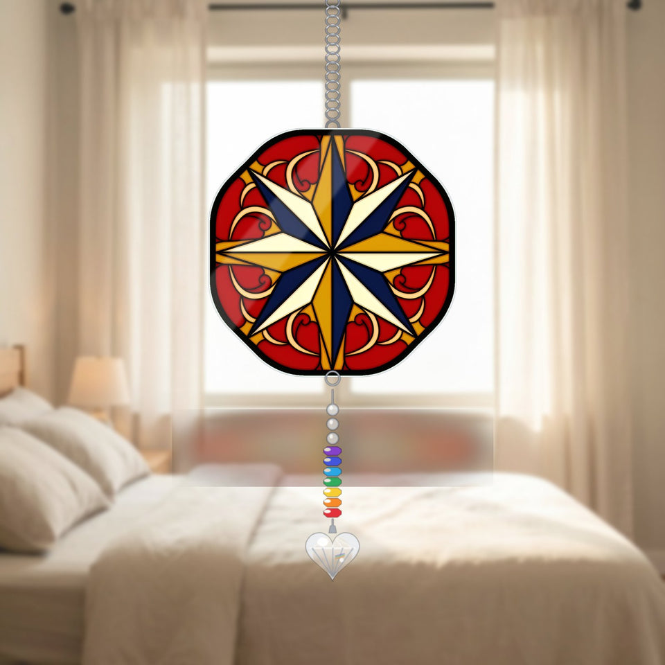 Barn Quilt Star Block Acrylic Suncatcher with heart crystal + rainbow chain