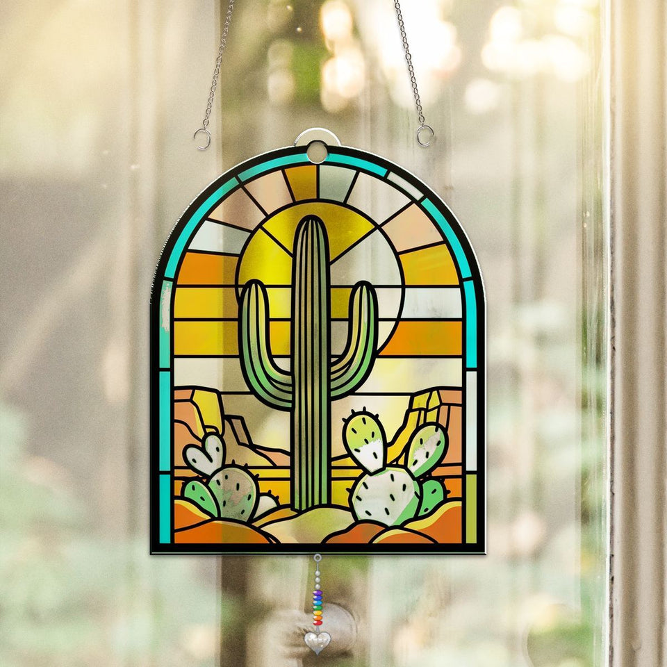 Desert Saguaro Sunset Arch Acrylic Suncatcher with heart crystal + rainbow chain