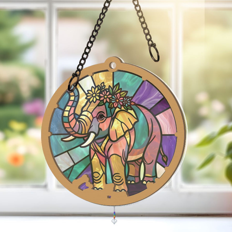 Elephant Wildflower Circle Window Hanging Suncatcher with heart crystal + rainbow chain