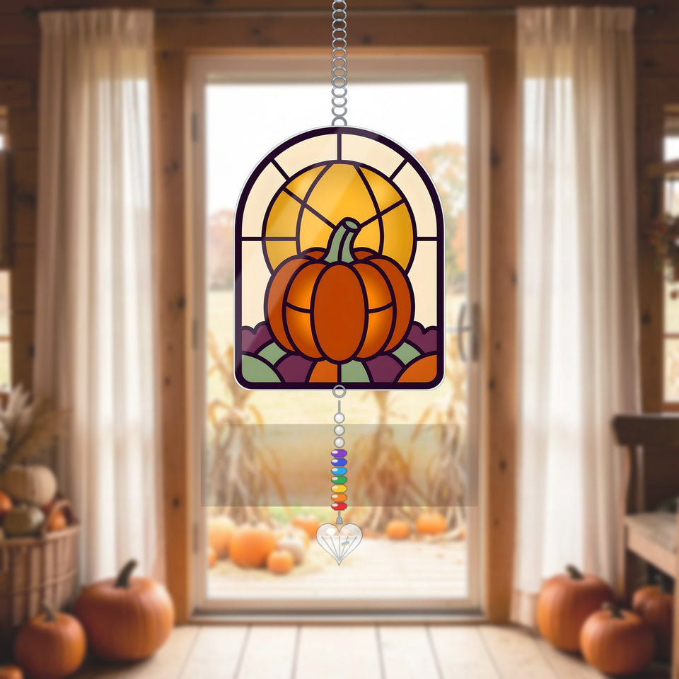 Harvest Moon Pumpkin Arch Acrylic Suncatcher with heart crystal + rainbow chain