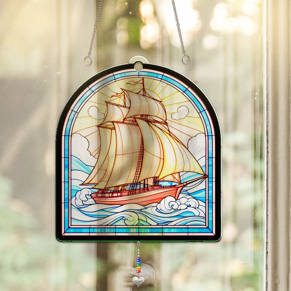 Sailboat Harbor Arch Acrylic Suncatcher with heart crystal + rainbow chain