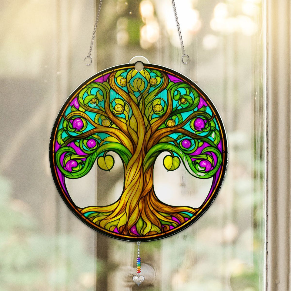Tree of Life Memorial Circle Acrylic Suncatcher with heart crystal + rainbow chain