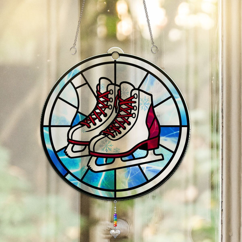Ice Skates Snowflake Circle Acrylic Suncatcher with heart crystal + rainbow chain