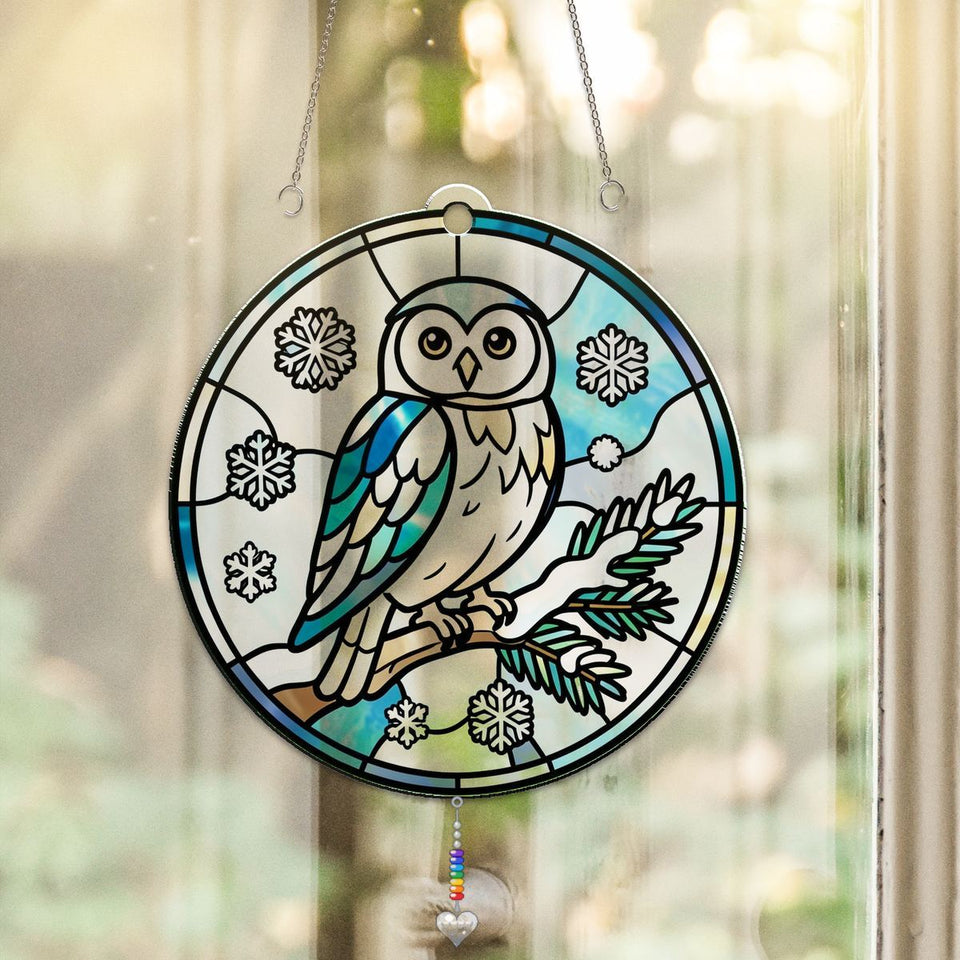 Snowy Owl Pine Circle Acrylic Suncatcher with heart crystal + rainbow chain