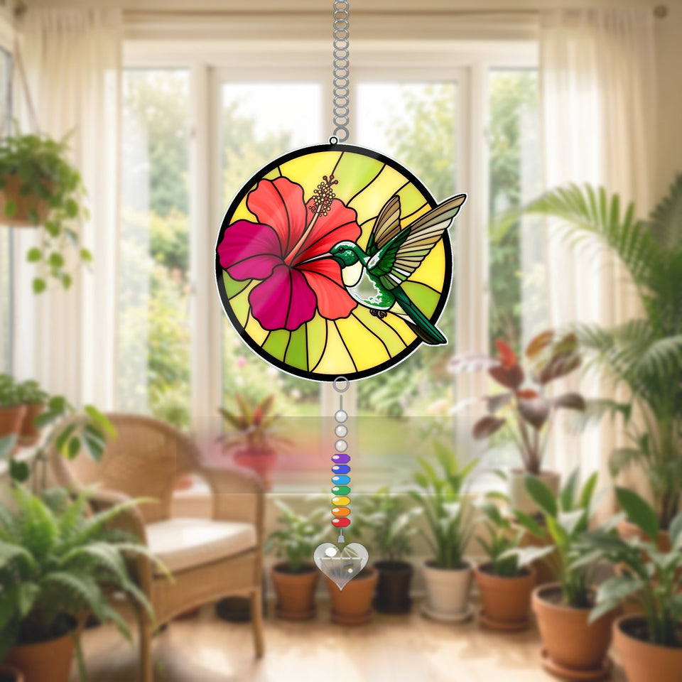 Hummingbird Hibiscus Circle Acrylic Suncatcher with heart crystal + rainbow chain