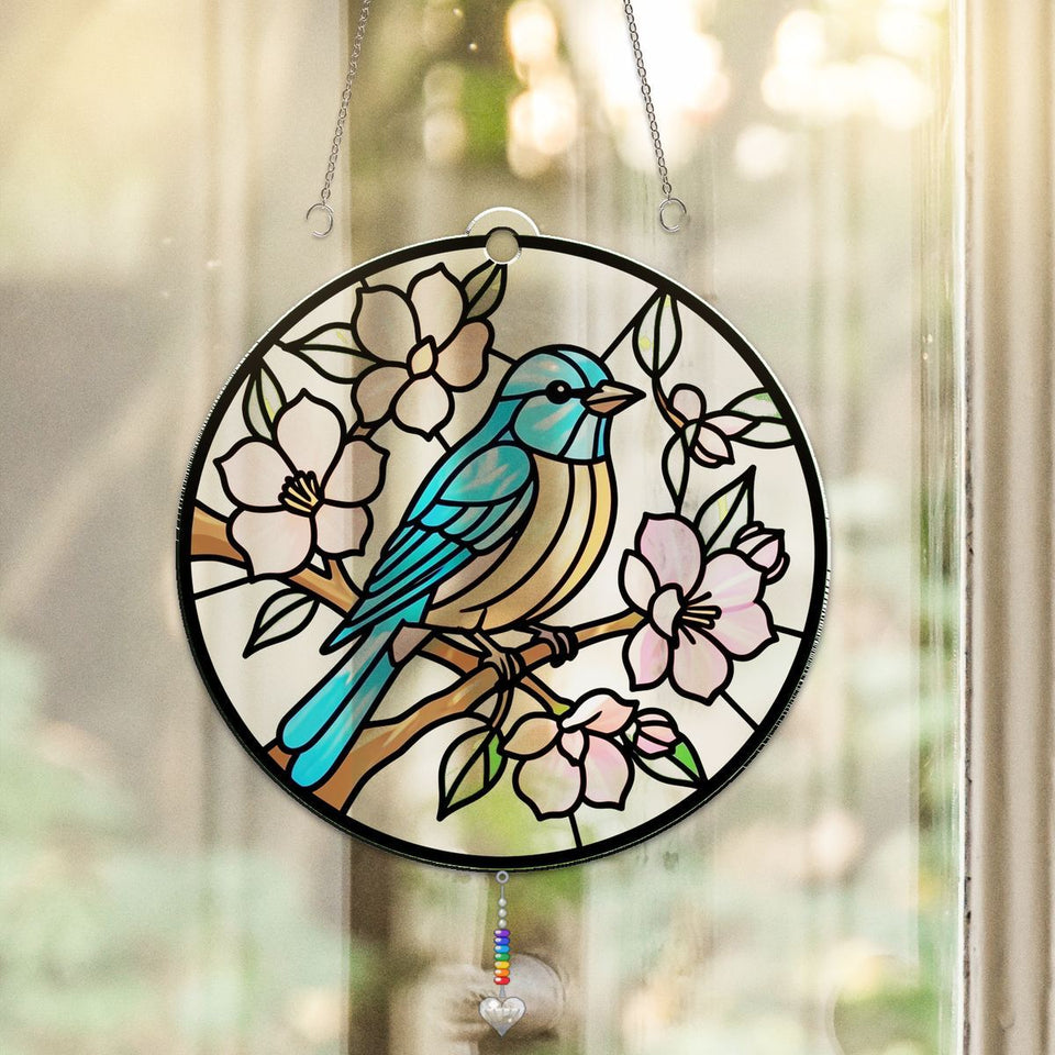 Bluebird Blossom Circle Acrylic Suncatcher with heart crystal + rainbow chain