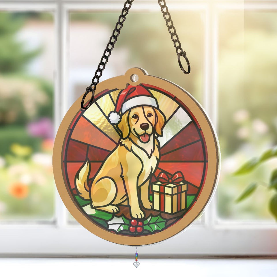 Christmas Dog Santa Hat Circle Window Hanging Suncatcher with heart crystal + rainbow chain