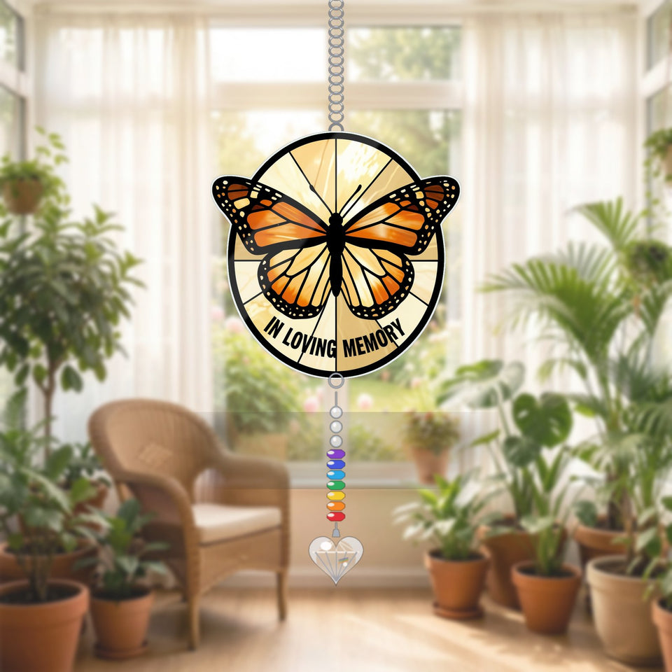 Monarch Butterfly Memorial Acrylic Suncatcher with heart crystal + rainbow chain