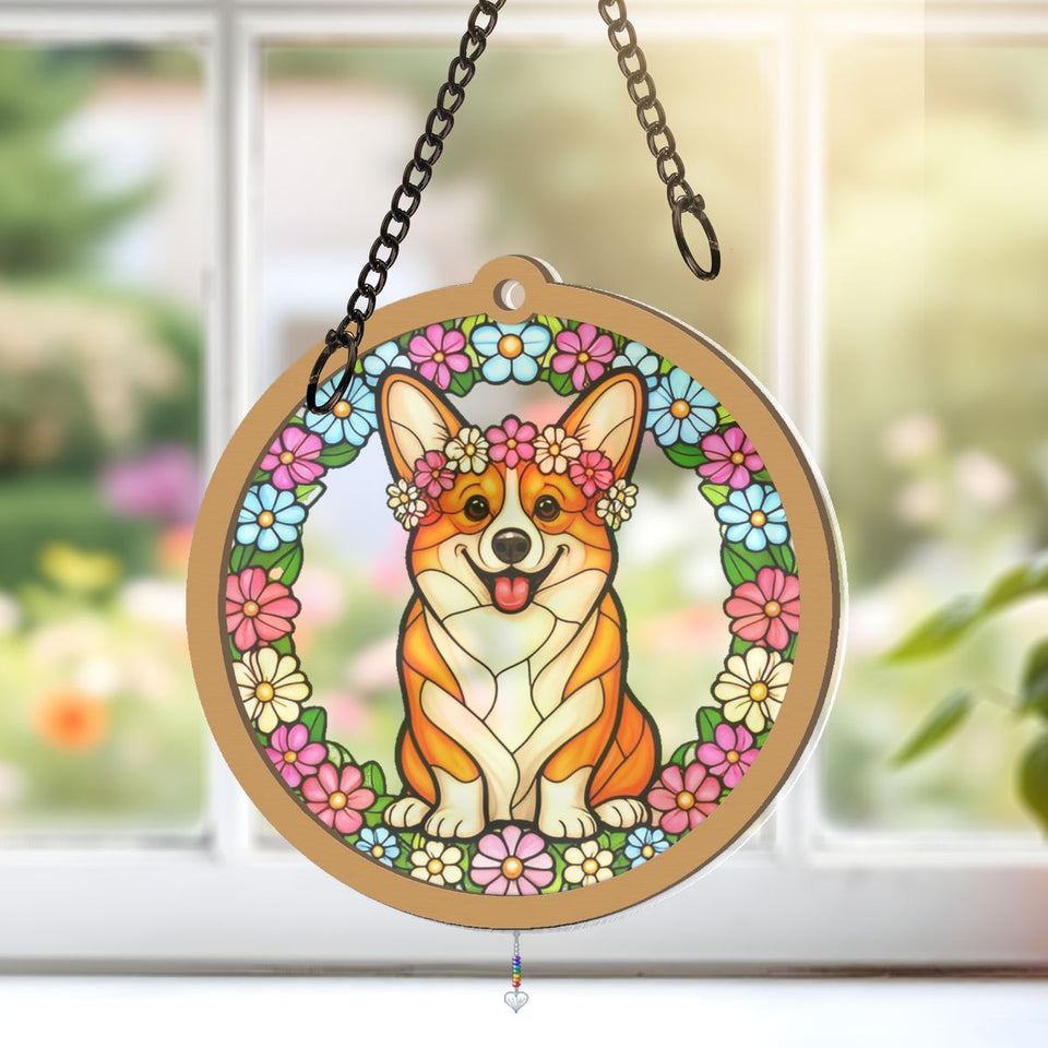 Corgi Wildflower Circle Window Hanging Suncatcher with heart crystal + rainbow chain
