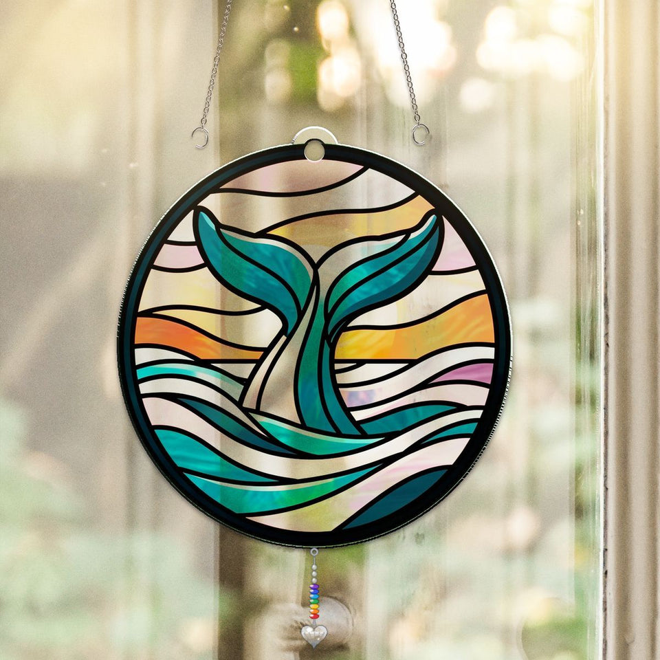 Humpback Whale Tail Circle Acrylic Suncatcher with heart crystal + rainbow chain