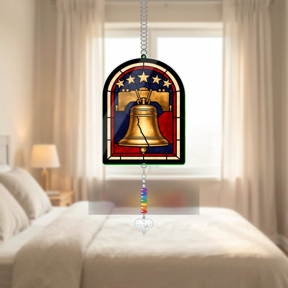Liberty Bell Stars Arch Acrylic Suncatcher with heart crystal + rainbow chain