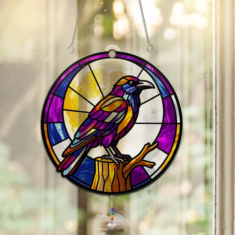 Gothic Raven Moon Circle Acrylic Suncatcher with heart crystal + rainbow chain