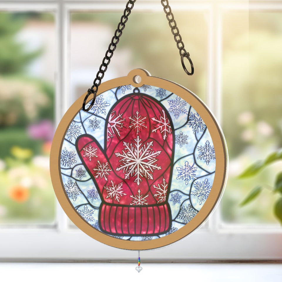 Knit Mitten Snowflake Circle Window Hanging Suncatcher with heart crystal + rainbow chain