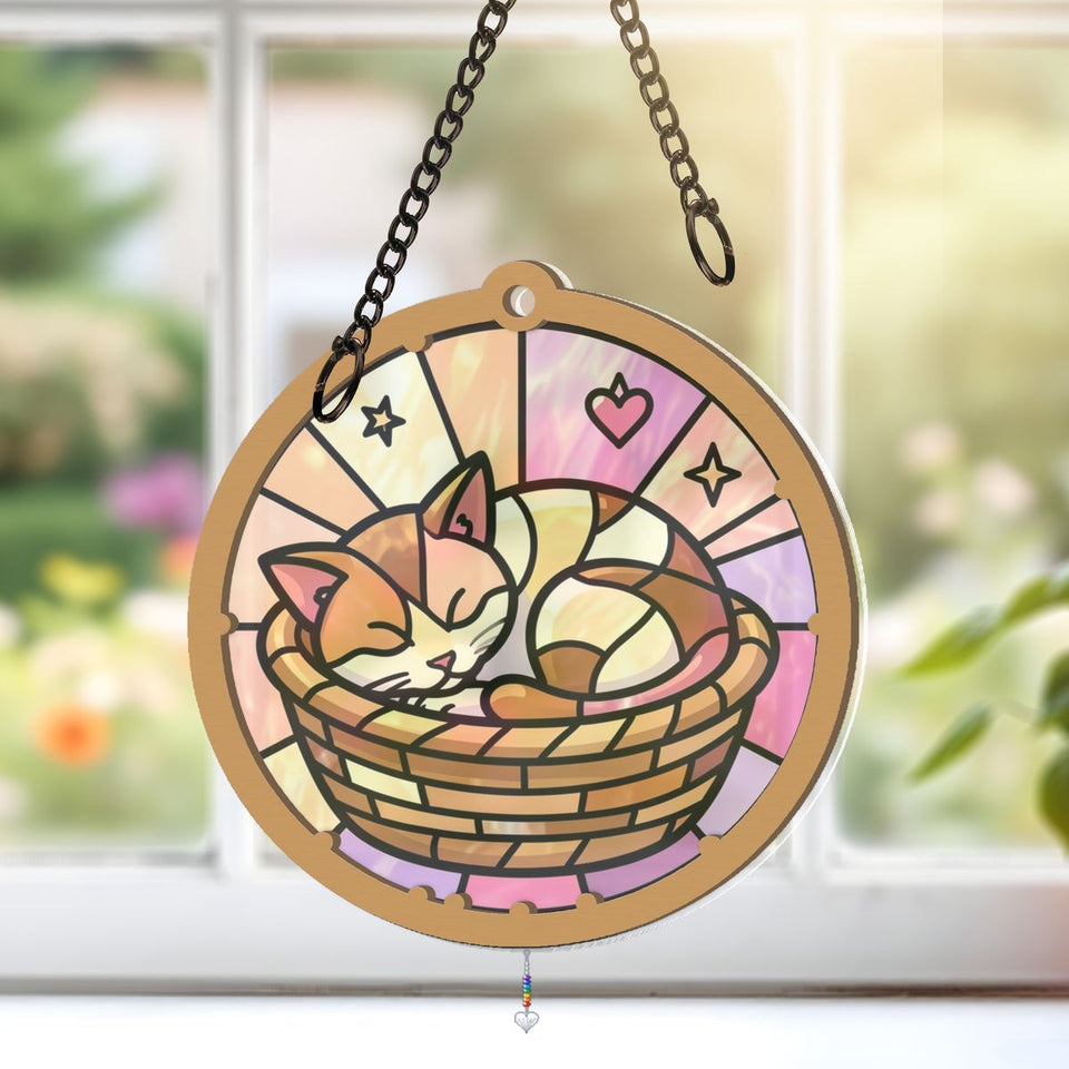 Sleeping Kitten Basket Circle Window Hanging Suncatcher with heart crystal + rainbow chain