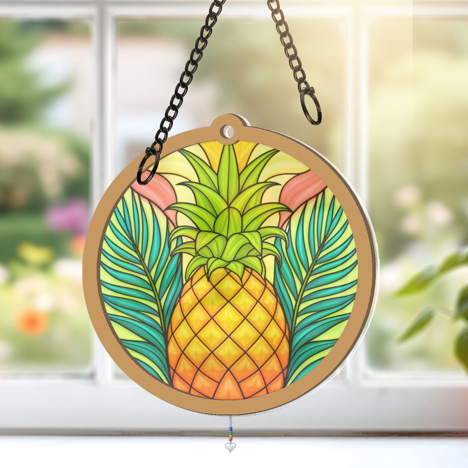 Pineapple Palm Leaf Circle Window Hanging Suncatcher with heart crystal + rainbow chain
