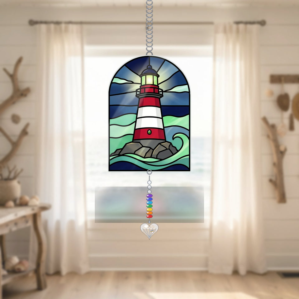 Lighthouse Ocean Arch Acrylic Suncatcher with heart crystal + rainbow chain