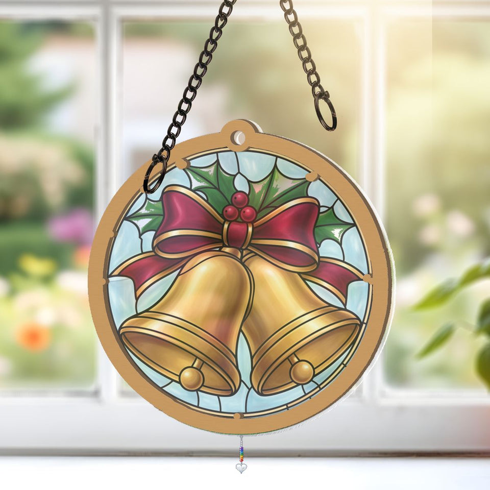 Silver Bells Holly Circle Window Hanging Suncatcher with heart crystal + rainbow chain