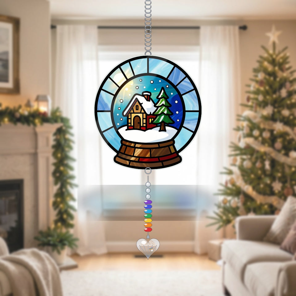 Snow Globe Cabin Circle Acrylic Suncatcher with heart crystal + rainbow chain