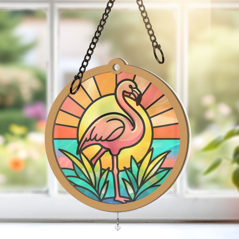 Pink Flamingo Sunset Circle Window Hanging Suncatcher with heart crystal + rainbow chain