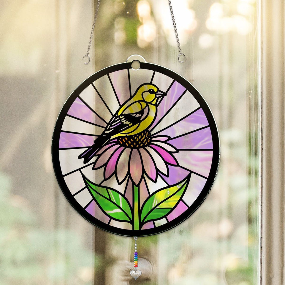 Goldfinch Coneflower Circle Acrylic Suncatcher with heart crystal + rainbow chain