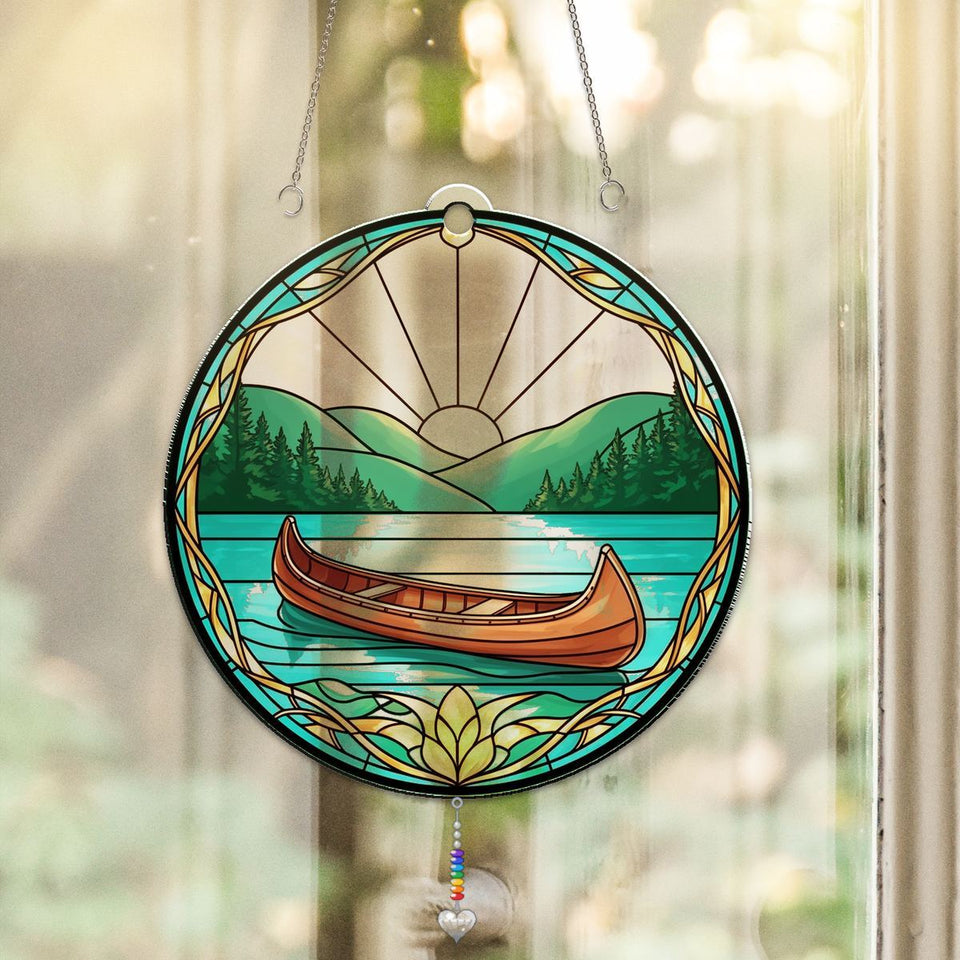 Canoe Lake Sunrise Circle Acrylic Suncatcher with heart crystal + rainbow chain