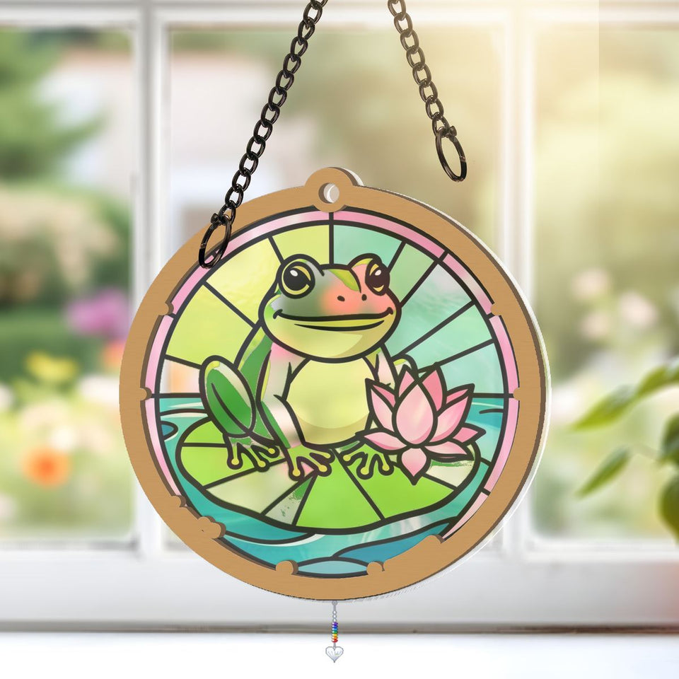 Frog Lily Pad Circle Window Hanging Suncatcher with heart crystal + rainbow chain