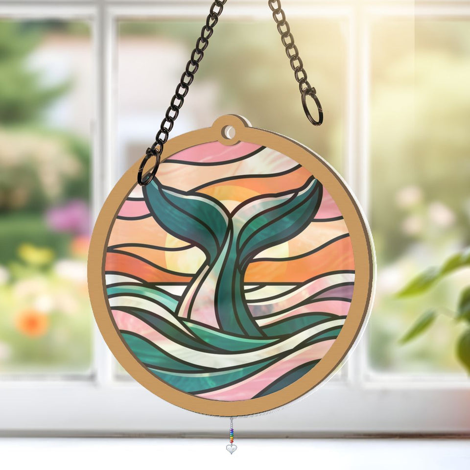 Humpback Whale Tail Circle Window Hanging Suncatcher with heart crystal + rainbow chain