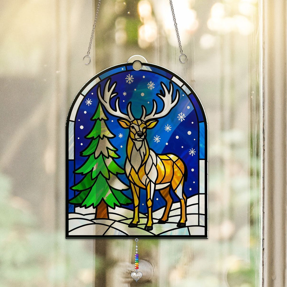 Snowy Stag Pine Arch Acrylic Suncatcher with heart crystal + rainbow chain
