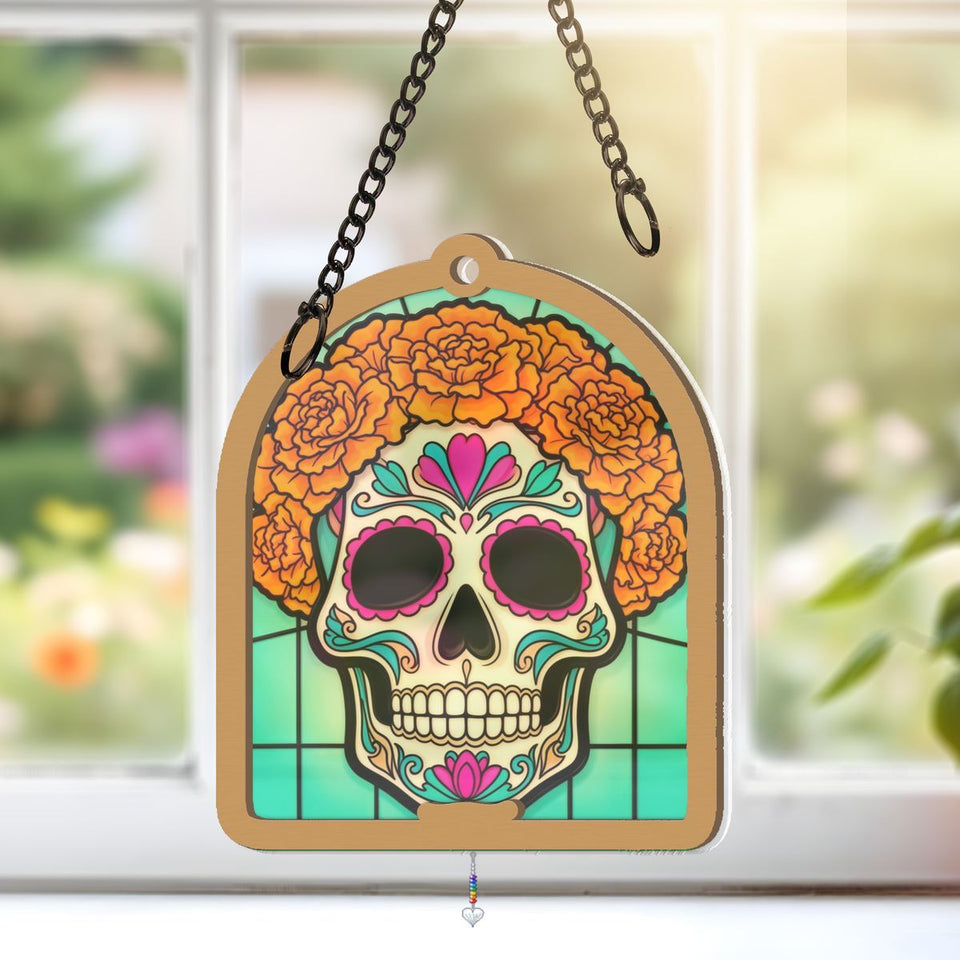 Sugar Skull Marigold Arch Window Hanging Suncatcher with heart crystal + rainbow chain