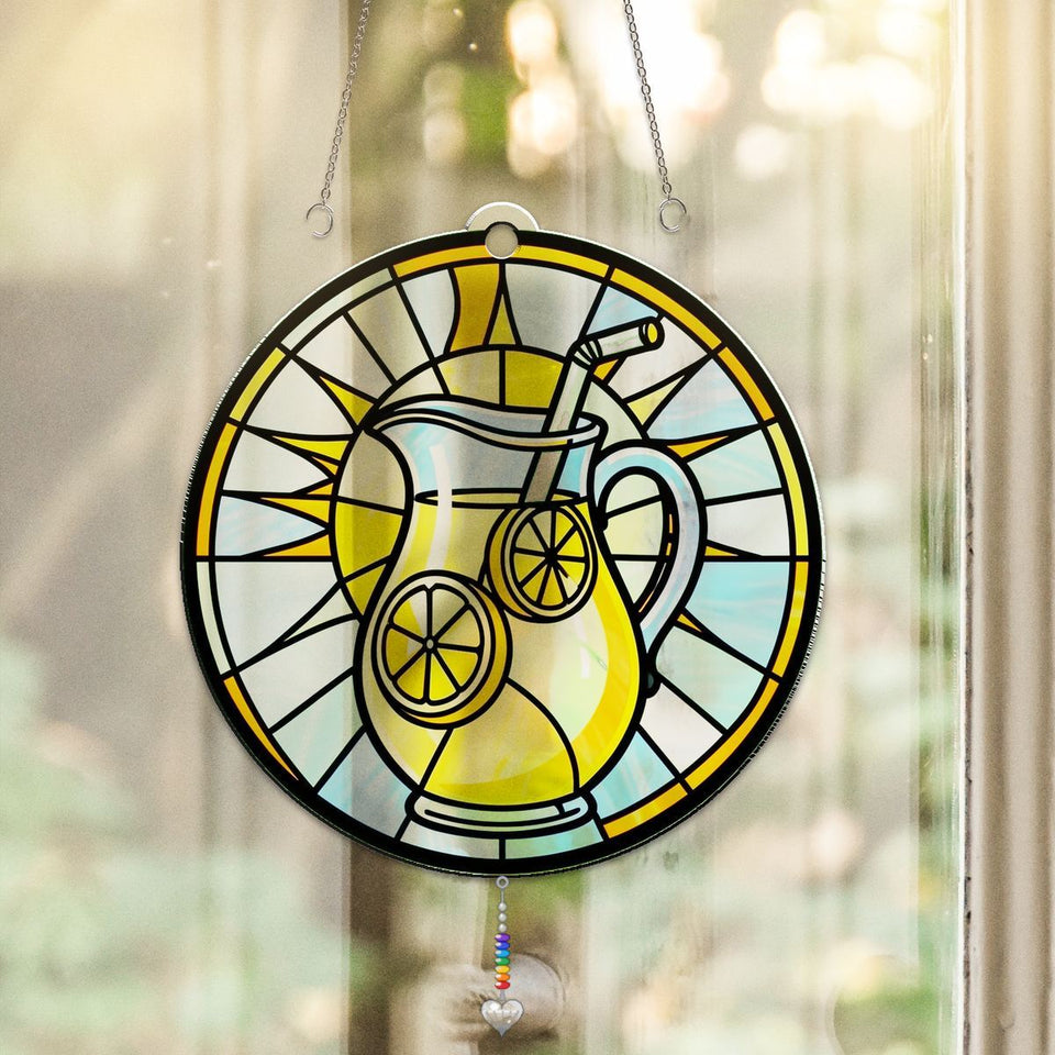 Lemonade Pitcher Summer Circle Acrylic Suncatcher with heart crystal + rainbow chain