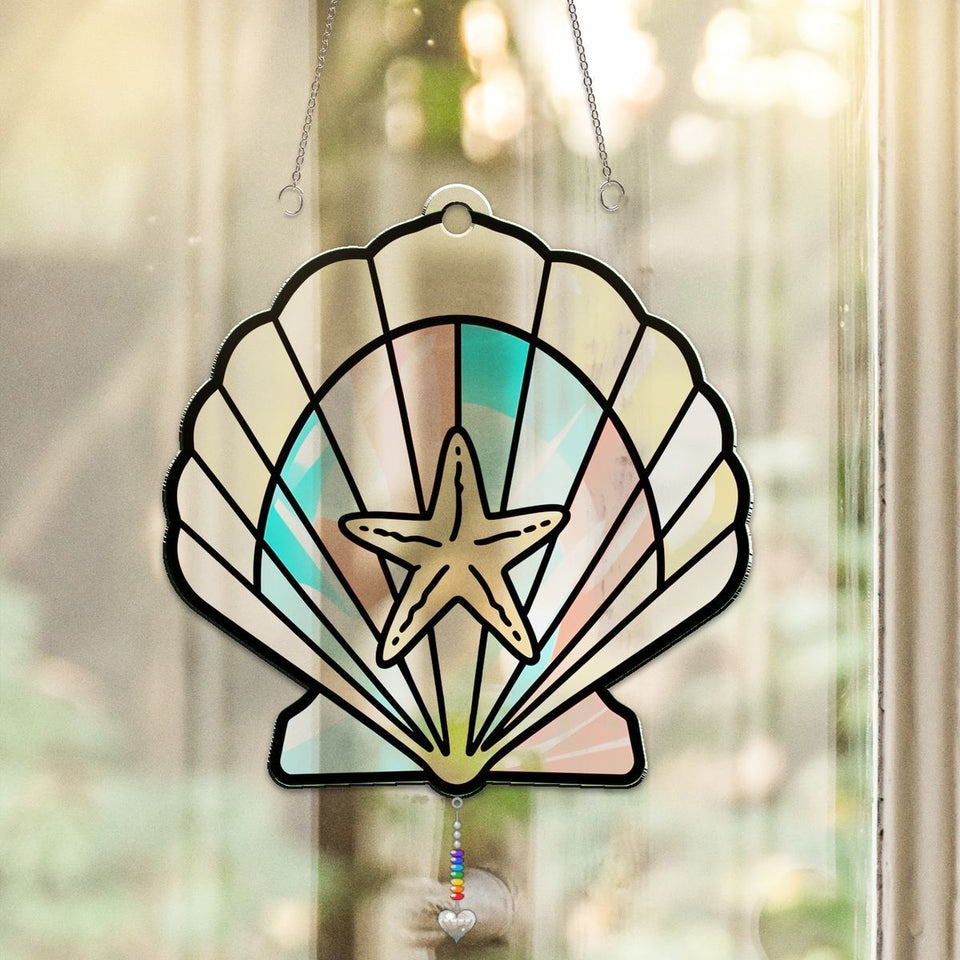 Seashell Starfish Arch Acrylic Suncatcher with heart crystal + rainbow chain