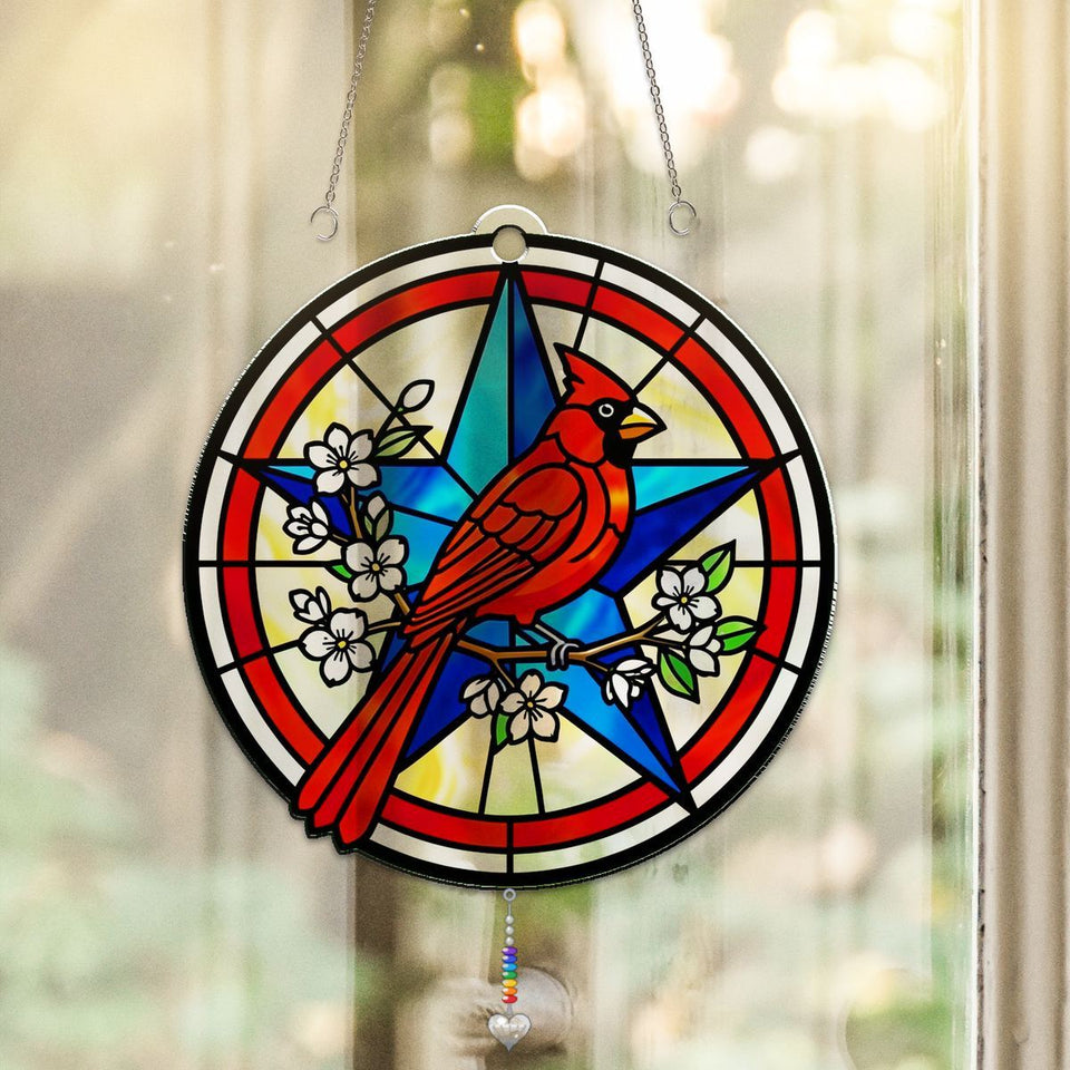 Patriotic Cardinal Star Circle Acrylic Suncatcher with heart crystal + rainbow chain
