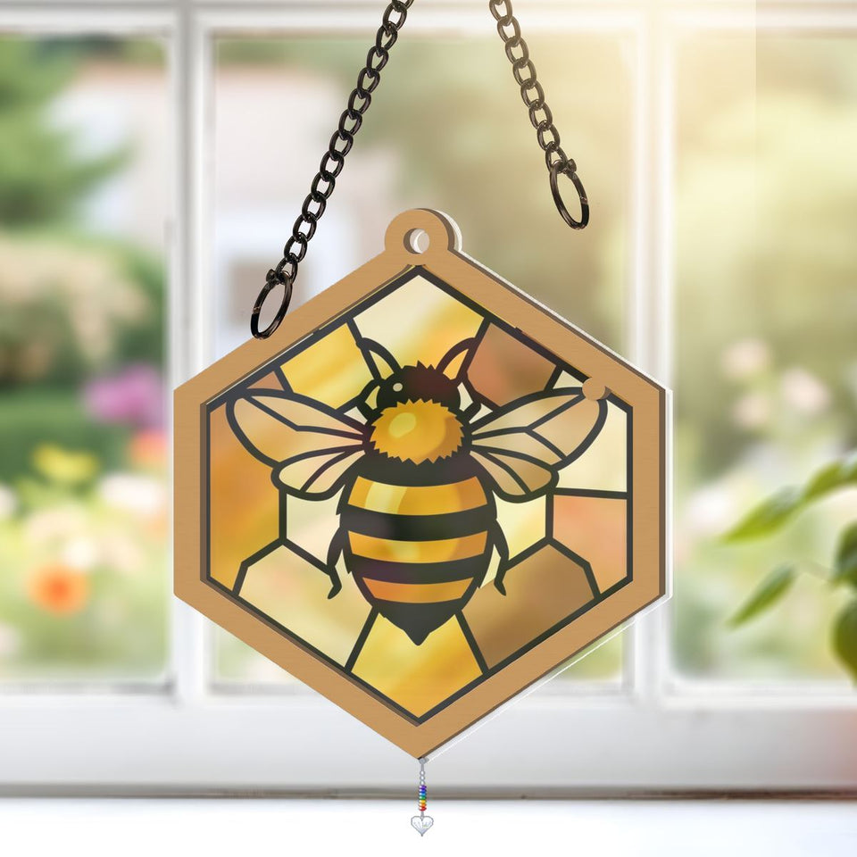 Honeybee Honeycomb Hexagon Window Hanging Suncatcher with heart crystal + rainbow chain