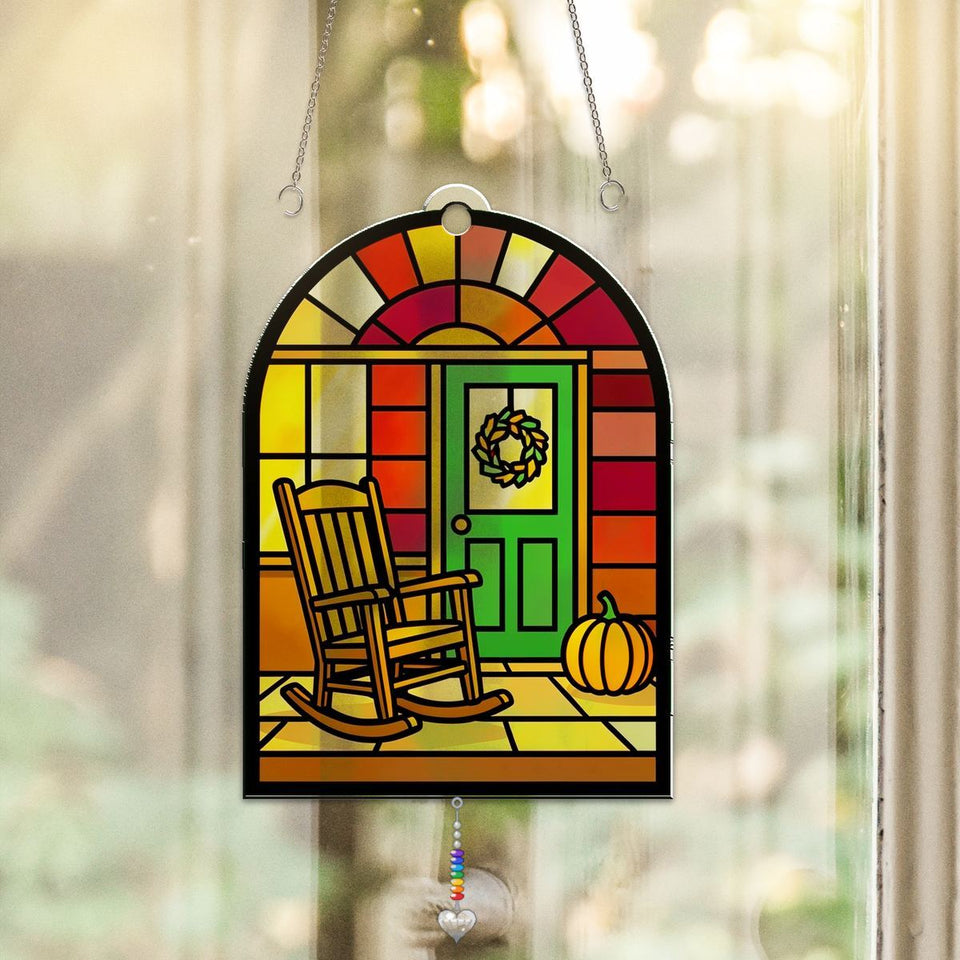 Front Porch Rocking Chair Arch Acrylic Suncatcher with heart crystal + rainbow chain
