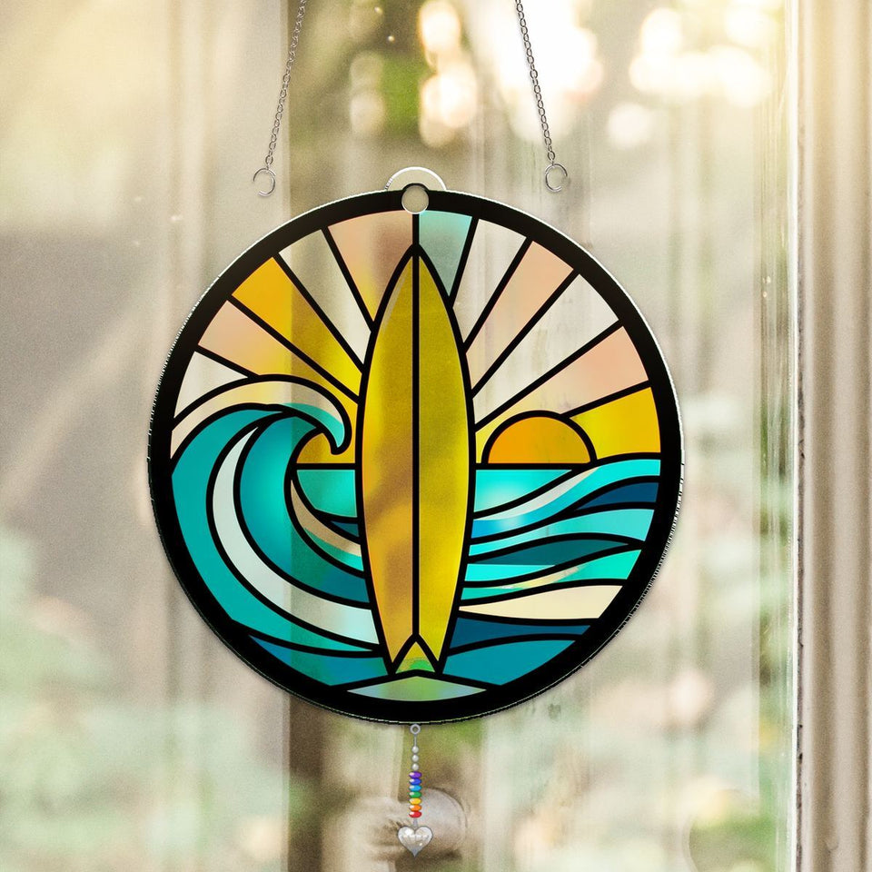 Surfboard Wave Sunset Circle Acrylic Suncatcher with heart crystal + rainbow chain