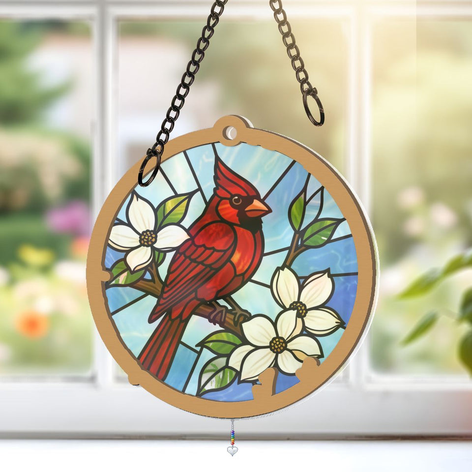 Cardinal Dogwood Circle Window Hanging Suncatcher with heart crystal + rainbow chain